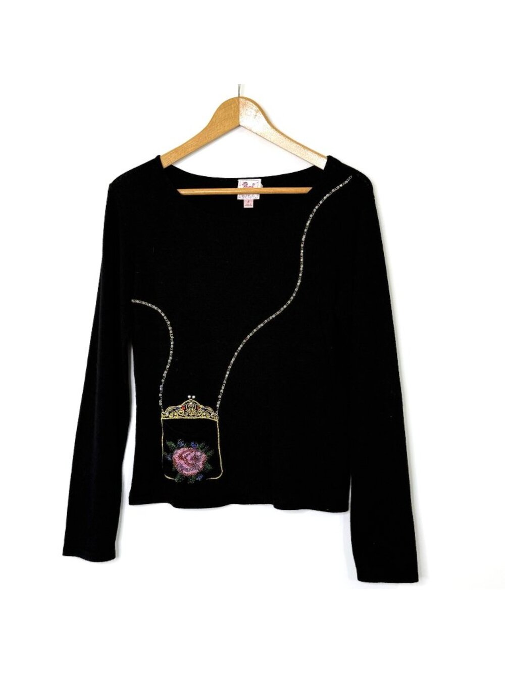 Pink Poodle Long Sleeved Fine Knit Sweater Top Womens size Small Black Beaded